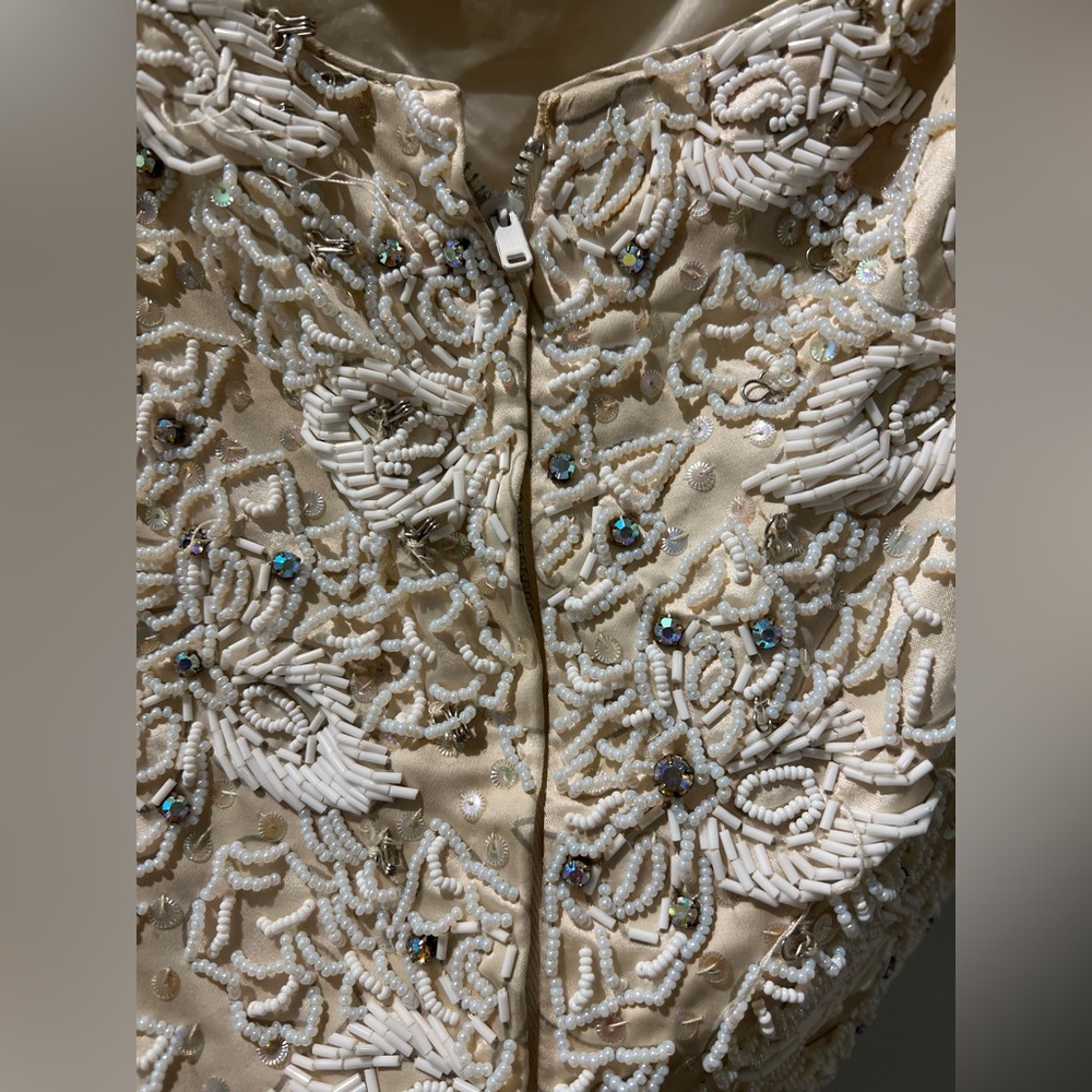 Vintage 1970s HEFTCO Beaded Wedding Gown, Matching Corset Vest Rhinestone Detail - Picture 12 of 17